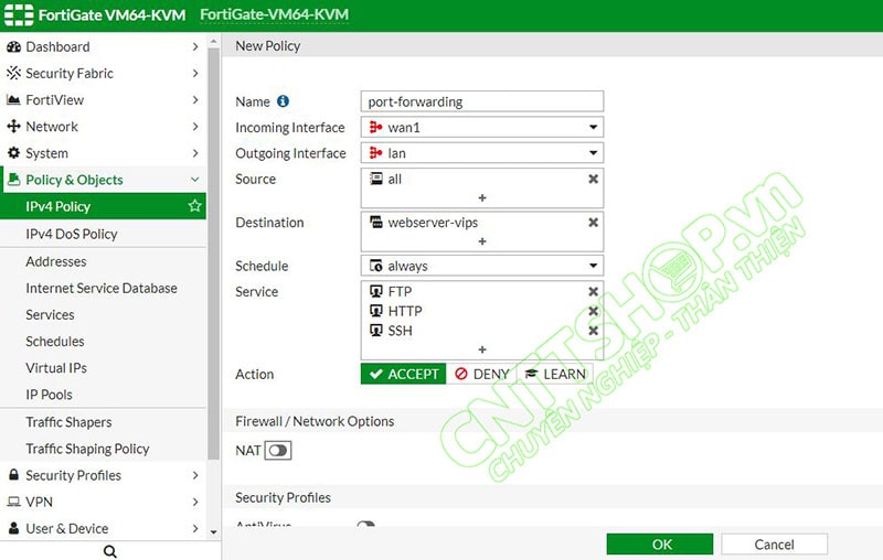 tạo policy cho phép bên ngoài truy cập vào dịch vụ thông qua virtual IP